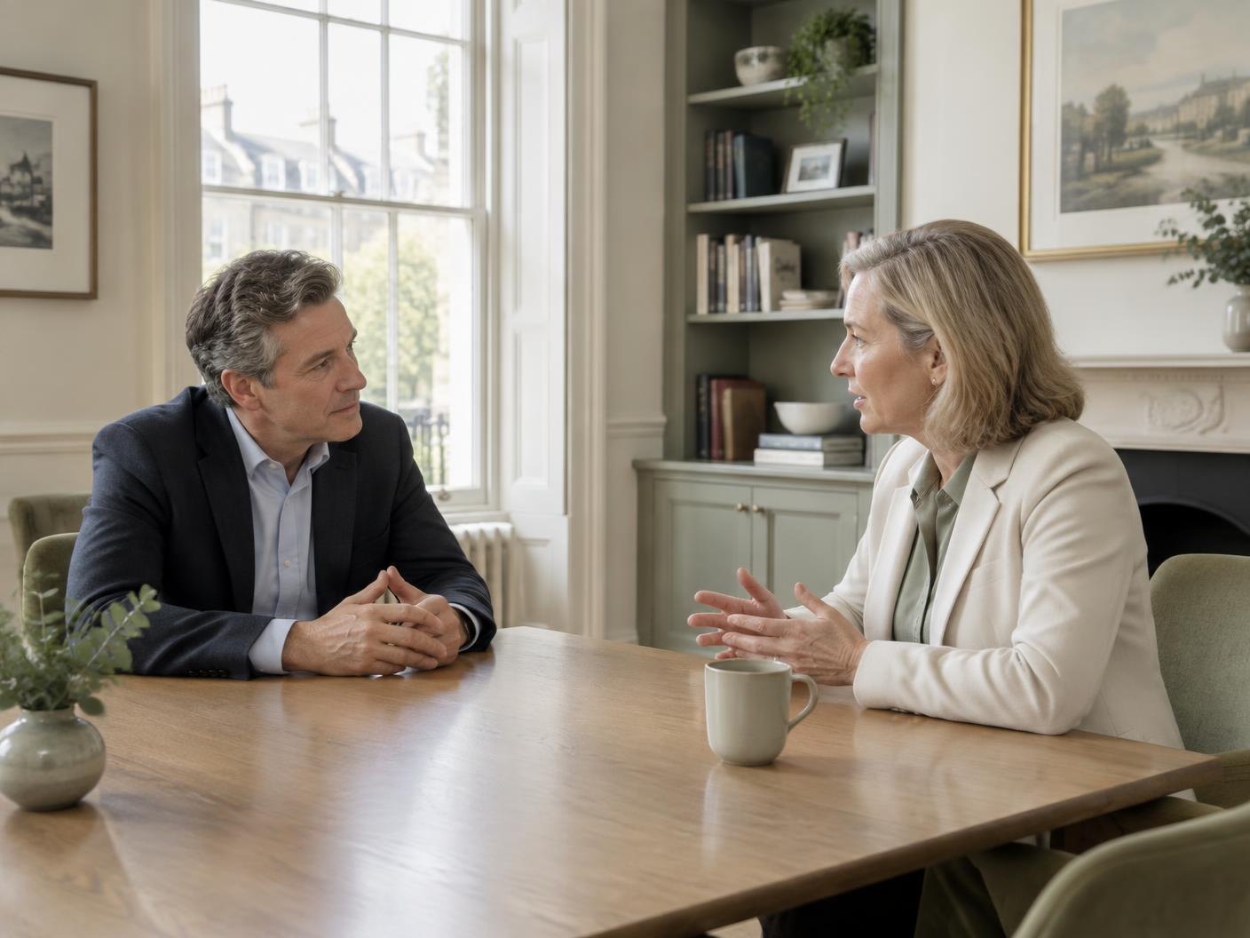 Two mature professionals in conversation across a table